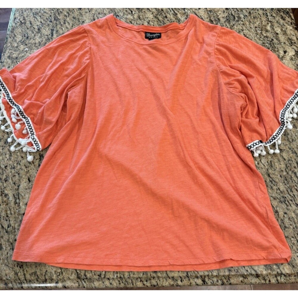 Wrangler Retro Women’s Orange Top Shirt L Western Wear BOHO Cowgirl Pom Pom